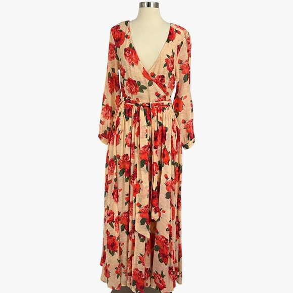 Joyfolie Mia Joy Aniya Dress‎ Red Greta Floral Wrap Maxi Long Sleeve Size S - Picture 1 of 14